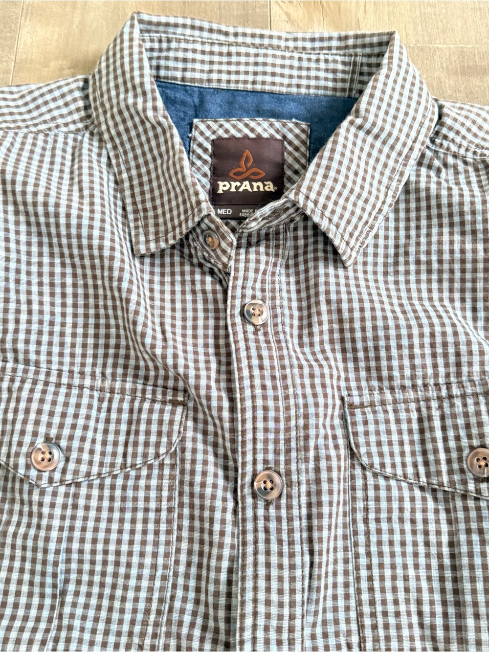 Prana Button Up Shirt Blue Brown Mini Check Medium Western Flap Pockets Chest